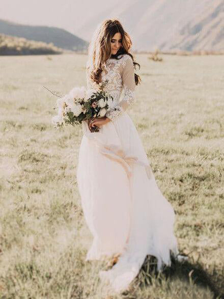 Rustic Long Sleeve Lace Wedding Dress With Lining A-line Beach Wedding Dresses SEW005|Selinadress