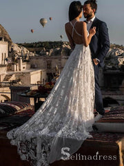 Rustic Rose Lace Wedding Dresses Sweep Train Beach Spaghetti Strap Boho Wedding Dress SEW006|Selinadress