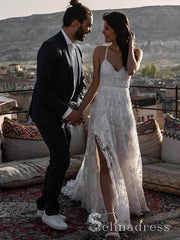 Rustic Rose Lace Wedding Dresses Sweep Train Beach Spaghetti Strap Boho Wedding Dress SEW006|Selinadress