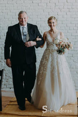 Rustic V neck Wedding Dresses Applique Lace Cheap Bridal Gown SEW023