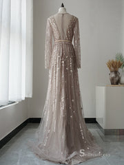 Selinadress A line Dubai Luxury Long Sleeve Rhinestone Prom Dress Formal Evening Gowns SC055