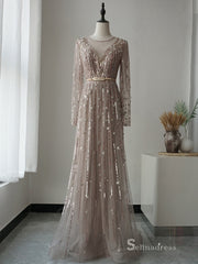 Selinadress A line Dubai Luxury Long Sleeve Rhinestone Prom Dress Formal Evening Gowns SC055
