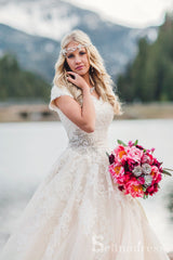 A-line V-neck Lace Rustic Country Wedding Dresses With Short Sleeves SEW063