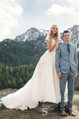 A-line V-neck Lace Rustic Country Wedding Dresses With Short Sleeves SEW063