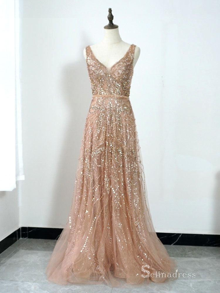 Selinadress Elegant V neck Sparkly Lace Luxury Prom Dress Evening Dress Formal Gown SC0103