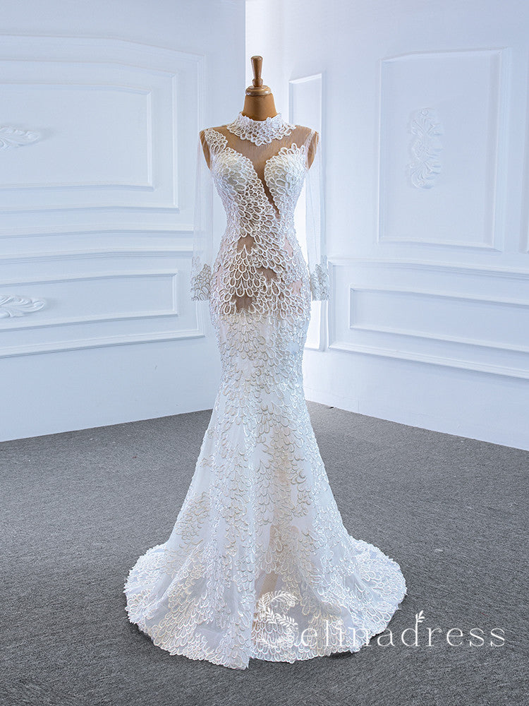 Selinadress Mermaid High Neck Long Sleeve Special Lace Wedding Dress Bridal Gowns SPL67195|Selinadress