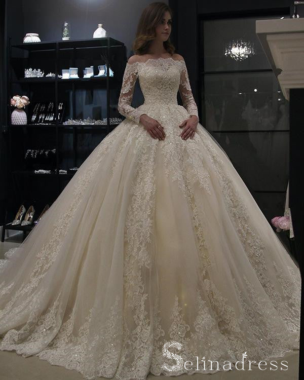 Off-the-shoulder Wedding Dresses Ball Gown Applique Lace Bridal Dress SEW061|Selinadress