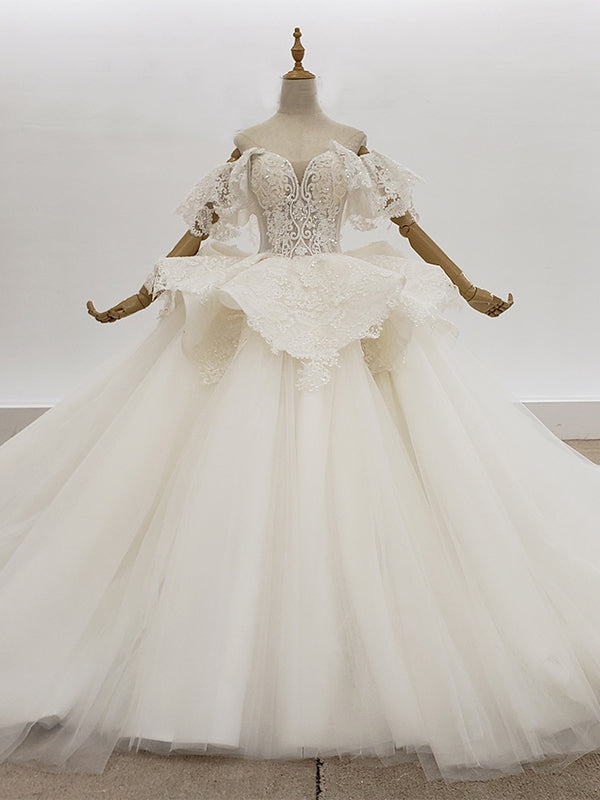 Selinadress Off-the-shoulder White Wedding Dress Short Sleeve Wedding Gowns SDW001