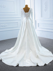 Selinadress Scoop Long Sleeve Satin Wedding Dress White Beaded Bridal Gowns SPL67197|Selinadress