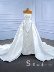 Selinadress Strapless Satin Wedding Dress White Applique Beaded Bridal Gowns SPL67282|Selinadress