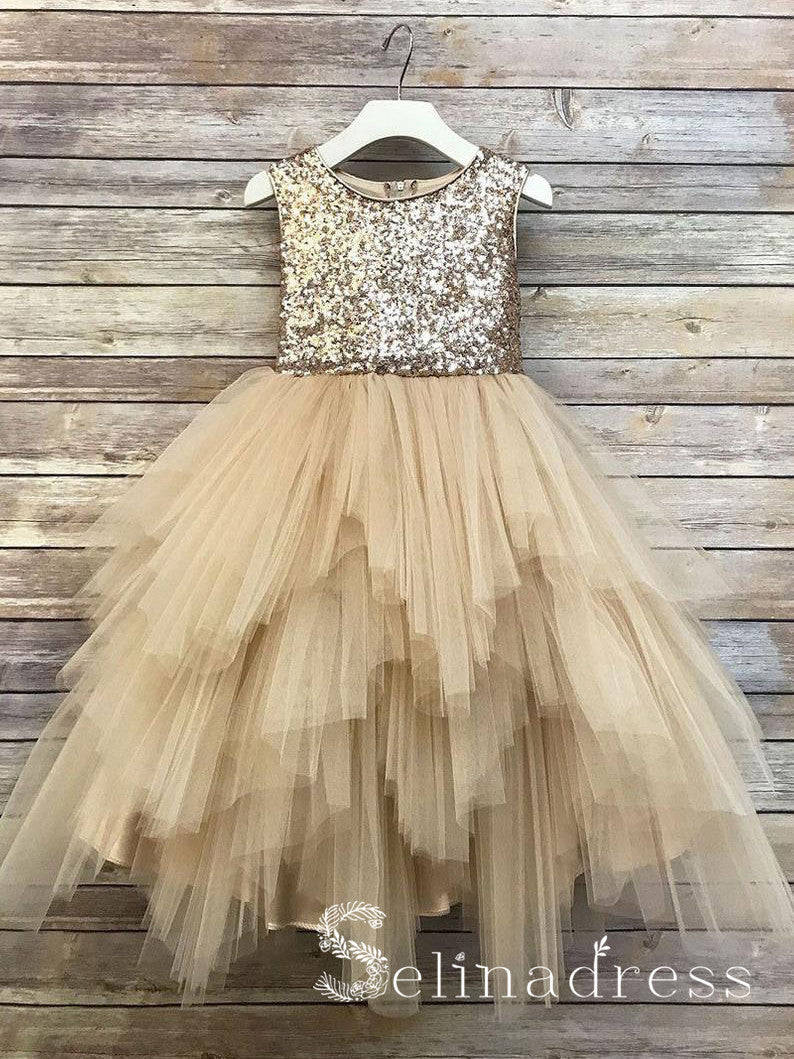 Sequin Top Flower Girl Glam Dress Gold Big Bow Flower Girl Dresses GRS019B|Selinadress