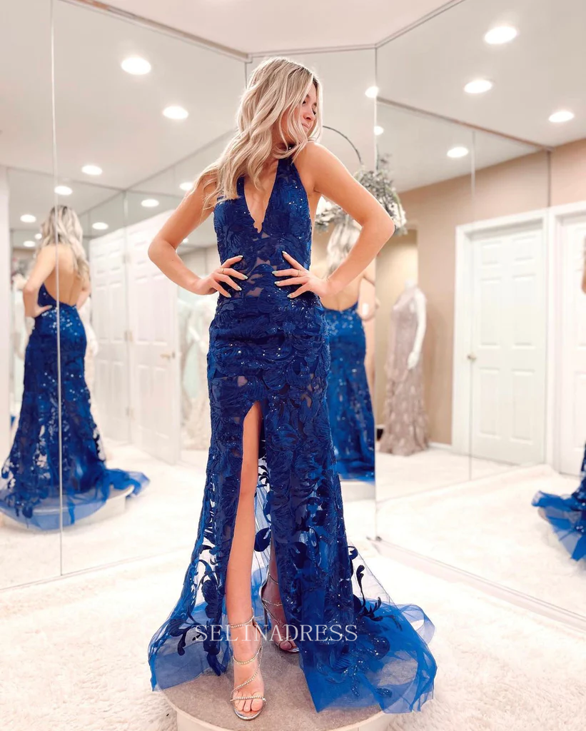 Sheath/Column Halter Blue Prom Dress Lace Unique Long Formal Dresses KPY035|Selinadress