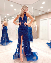 Sheath/Column Halter Blue Prom Dress Lace Unique Long Formal Dresses KPY035|Selinadress