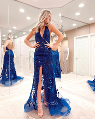 Sheath/Column Halter Blue Prom Dress Lace Unique Long Formal Dresses KPY035|Selinadress