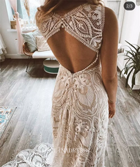 Sheath/Column Long Sleeve Boho Wedding Dresses Open Back Rustic Wedding Dress KPY060|Selinadress