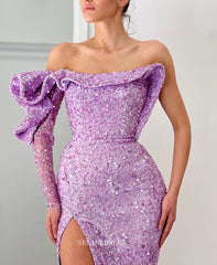 Sheath/Column One Shoulder African Prom Dress Lilac Sequins Evening Gowns #POL109|Selinadress