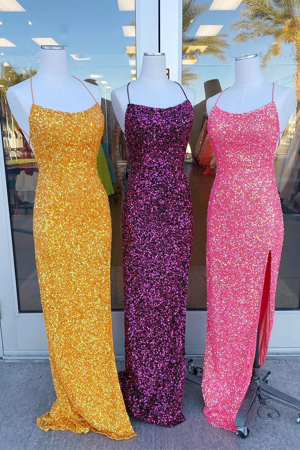 Sheath/Column Sequins Lace up Back Prom Dress With Silt Evening Gowns #QWE001|Selinadress