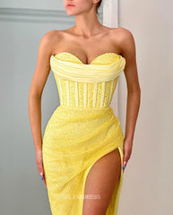 Sheath/Column Sweetheart African Long Prom Dress Yellow Sequins Pageant Dress Evening Dress #POL125|Selinadress