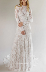 Sheath Long Sleeve Wedding Dresses Ivory Lace Wedding Dresses GRDK004|Selinadress