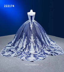 Spaghetti Straps Blue Prom Dress Ball Gown Vintage Pageant Dress RSM222174|Selinadress