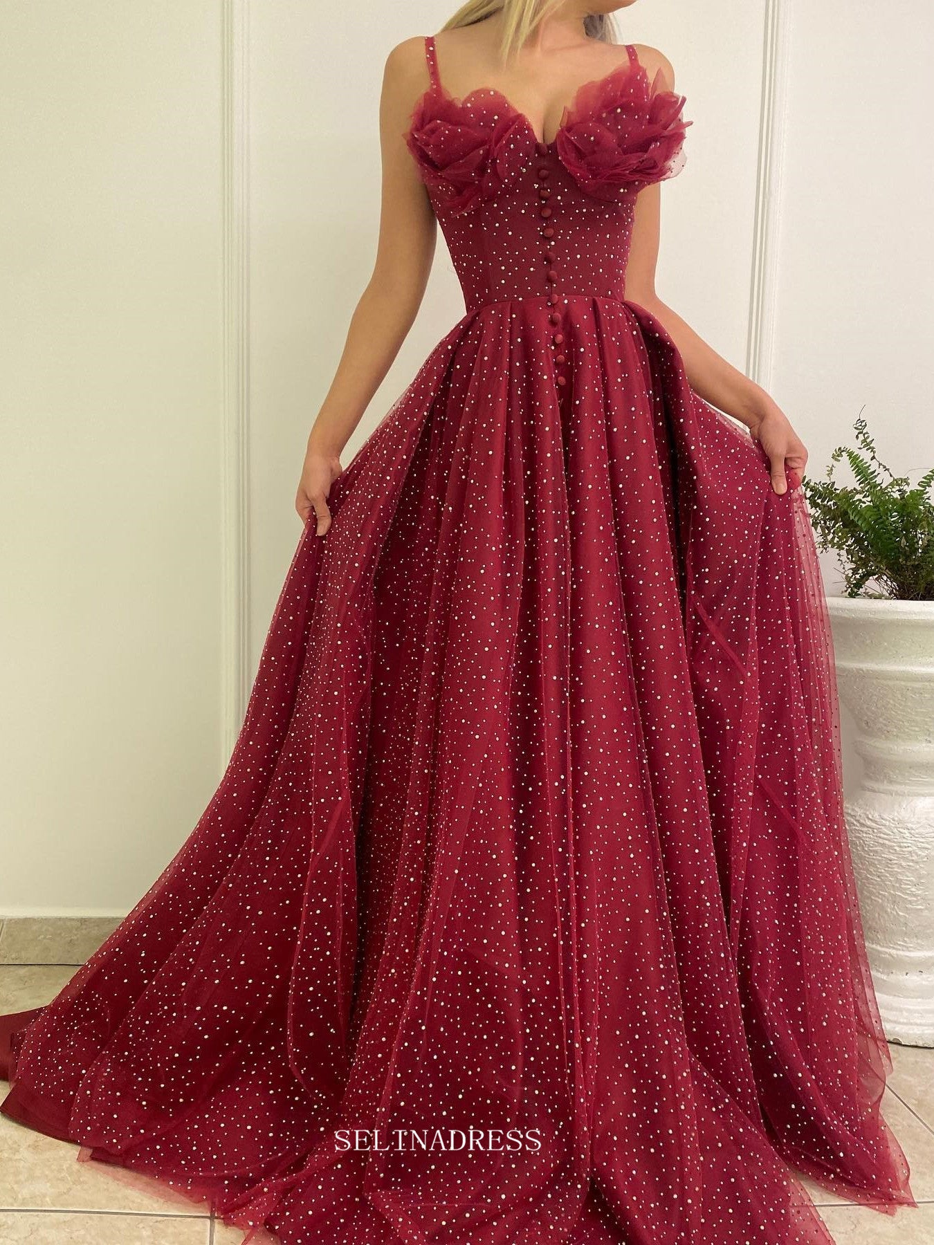 Spaghetti Straps Burgundy Prom Dress Beautiful Princess Long Evening Formal Dress #POL119|Selinadress