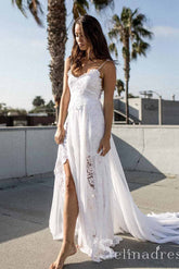 Spaghetti Straps Lace Wedding Dresses Beach Chiffon White Wedding Dress SEW045