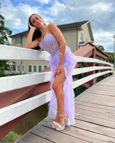 Spaghetti Straps Lilac Prom Dress A-line Feather Beaded Long Formal Dresses KPY001|Selinadress