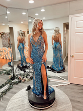 Spaghetti Straps Mermaid Sequins Long Prom Dress Sparkly Blue Formal Dresses Evening Dress KPY029|Selinadress