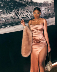 Spaghetti Straps Rose Gold Long Prom Dress with Slit #JKW124|Selinadress