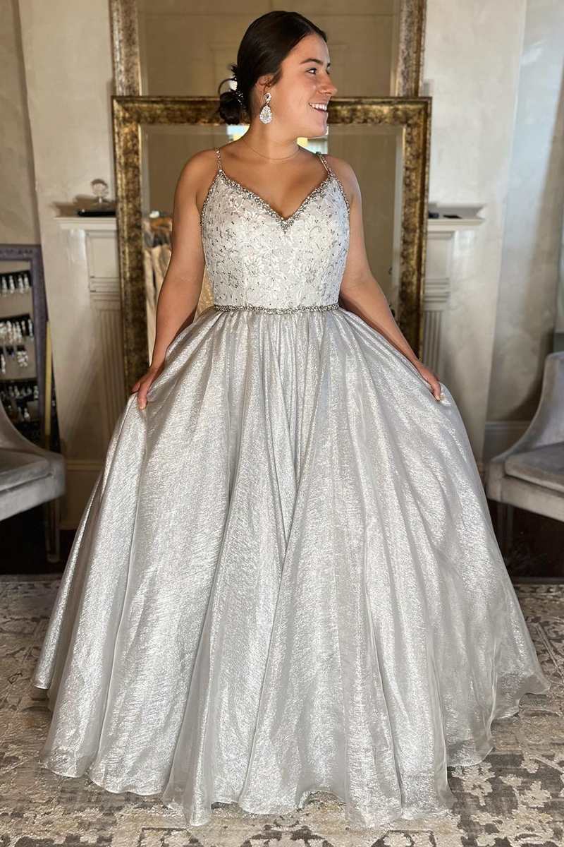 Spaghetti Straps Silver Ball Gown Cheap Prom Dress Backless Evening Dresses #QWE013|Selinadress