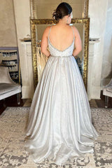 Spaghetti Straps Silver Ball Gown Cheap Prom Dress Backless Evening Dresses #QWE013|Selinadress