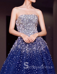 Sparkly Prom Dresses A-line Strapless Dark Navy Rhinestone Long Beautiful Prom Dress SED131