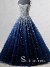 Sparkly Prom Dresses A-line Strapless Dark Navy Rhinestone Long Beautiful Prom Dress SED131