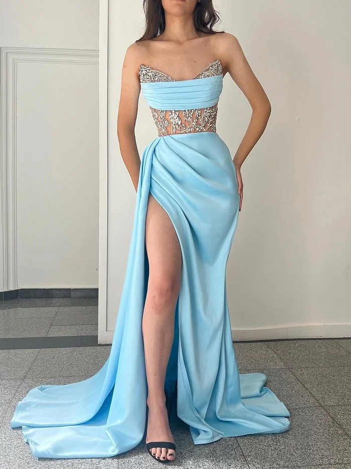Strapless Mermaid Blue Prom Dress Sleeveless Satin Cheap Evening Gowns #POL026|Selinadress