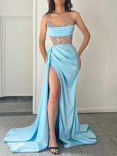 Strapless Mermaid Blue Prom Dress Sleeveless Satin Cheap Evening Gowns #POL026|Selinadress