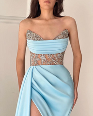 Strapless Mermaid Blue Prom Dress Sleeveless Satin Cheap Evening Gowns #POL026|Selinadress