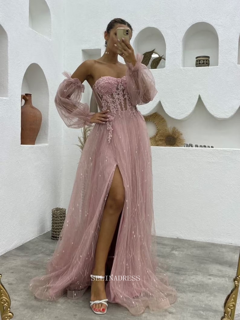 Strapless Pink Long Prom Dresses Tulle Long Puff Sleeve Evening Dresses Bridsmaid Dress POL020|Selinadress
