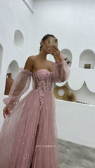Strapless Pink Long Prom Dresses Tulle Long Puff Sleeve Evening Dresses Bridsmaid Dress POL020|Selinadress