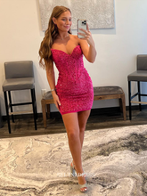 Sweetheart Fuchsia Short Prom Dress Sparkly Homecoming Dresses Sequins Cocktail Dresses Pageant Dresses #TKL048|Selinadress