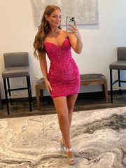 Sweetheart Fuchsia Short Prom Dress Sparkly Homecoming Dresses Sequins Cocktail Dresses Pageant Dresses #TKL048|Selinadress