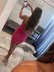 Sweetheart Fuchsia Short Prom Dress Sparkly Homecoming Dresses Sequins Cocktail Dresses Pageant Dresses #TKL048|Selinadress