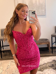 Sweetheart Fuchsia Short Prom Dress Sparkly Homecoming Dresses Sequins Cocktail Dresses Pageant Dresses #TKL048|Selinadress