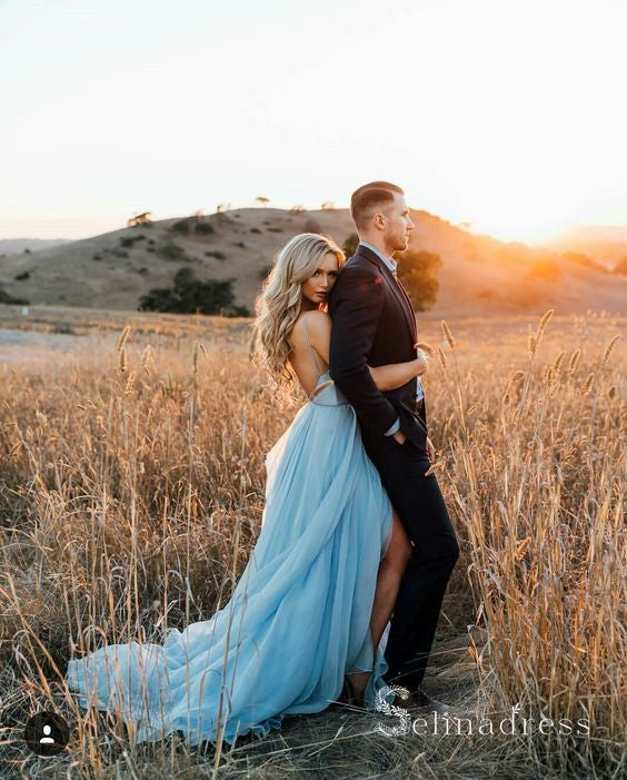Sky Blue Rustic Thigh Split Beach Wedding Gown with Court Train,MW281