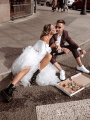 Two Piece A-line Long Sleeve Rustic Wedding Dresses White Tulle Bridal Gowns MLH006|Selinadress