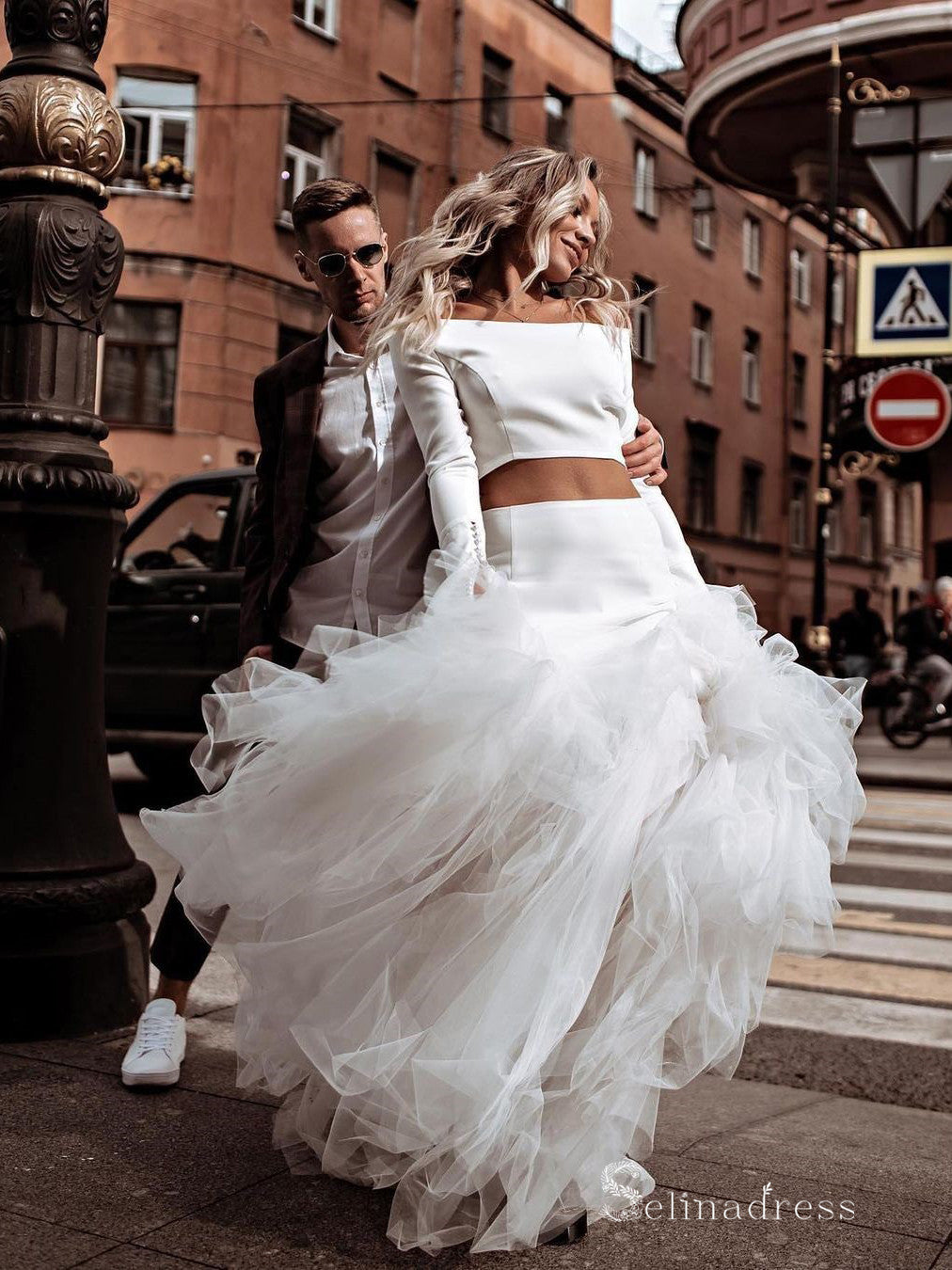 Two Piece A-line Long Sleeve Rustic Wedding Dresses White Tulle Bridal Gowns MLH006|Selinadress