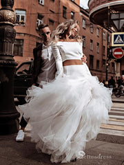 Two Piece A-line Long Sleeve Rustic Wedding Dresses White Tulle Bridal Gowns MLH006|Selinadress