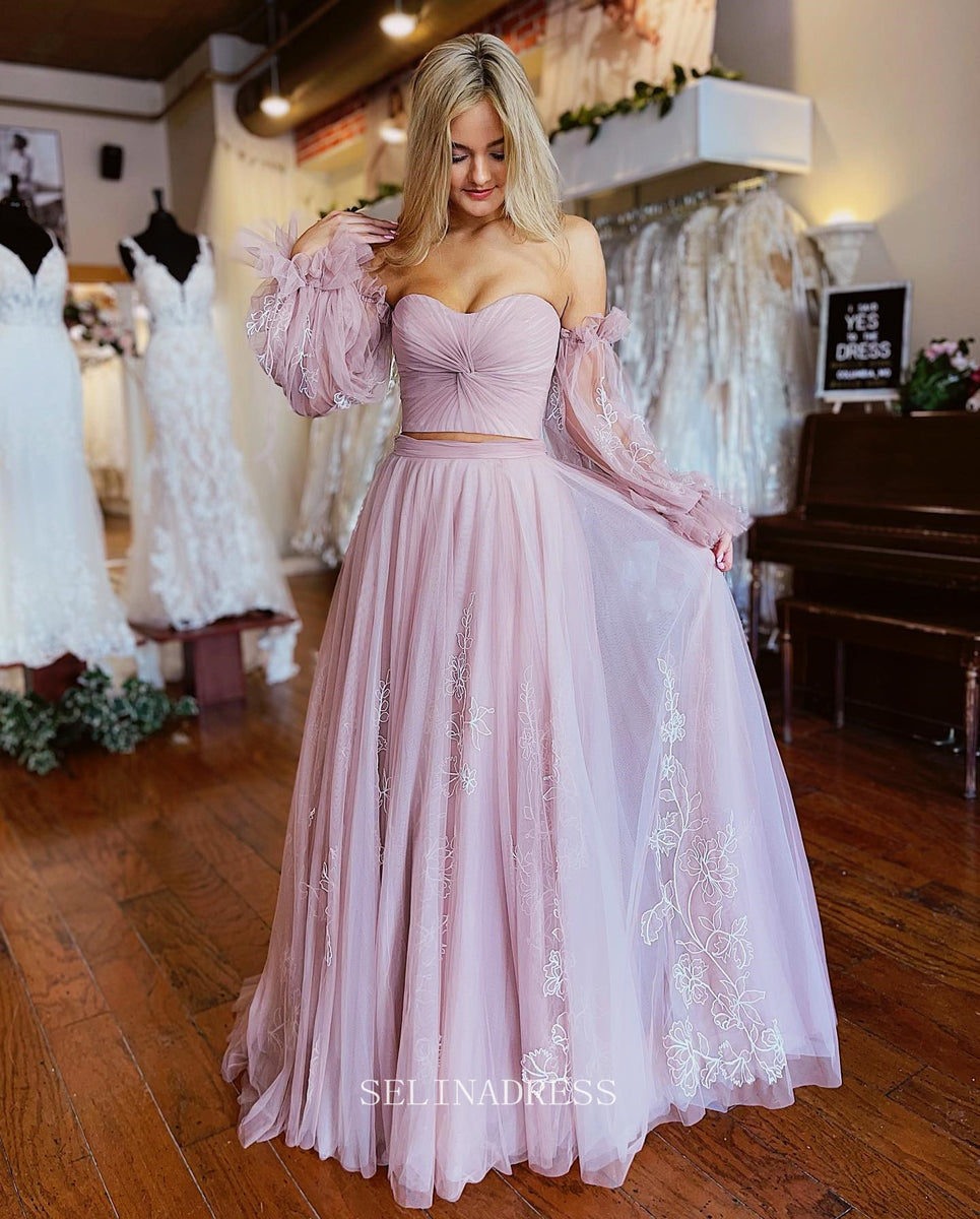 Two Piece Dusty Pink Long Prom Dress Puff Sleeve Formal Dresses Evenin