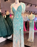 Sheath/Column Deep V neck Luxury Beaded Prom Dress Open Back Prom Dresses With Split #JKW131