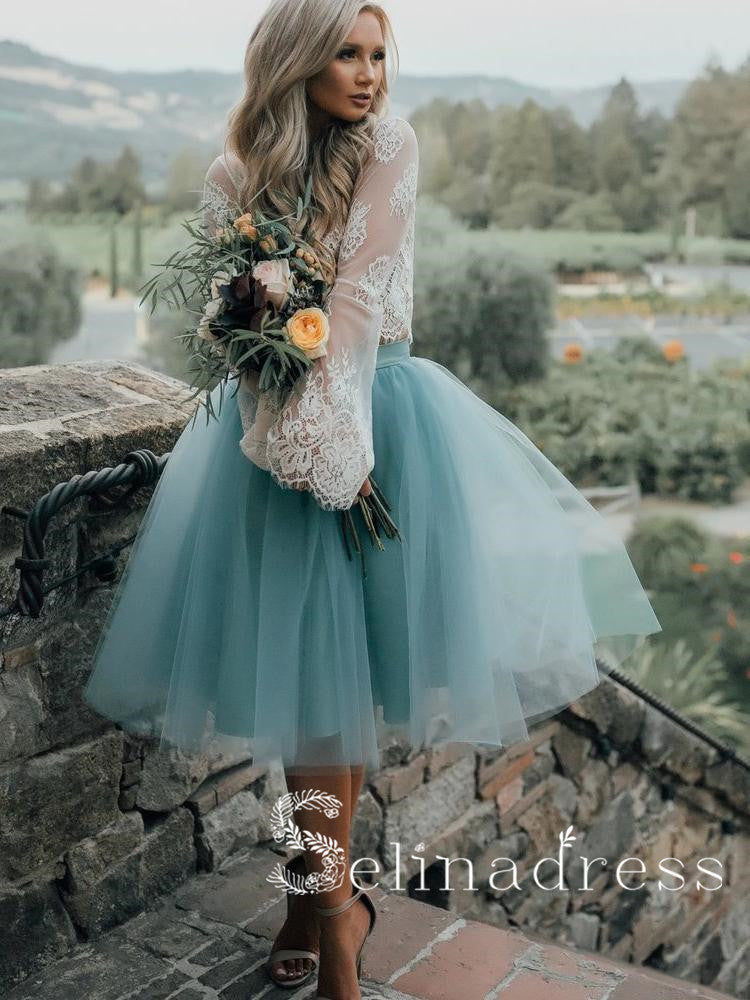 Two Pieces See through Lace Homecoming Dress With Sleeve Short Prom Drsess HML007|Selinadress