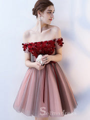 Unique Off-the-shoulder Burgundy Cute Short Ptom Dress Homecoming Dresses MHL036